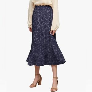 High Waist Polka Dot Pleated Midi Swing Skirt with Pockets -navy